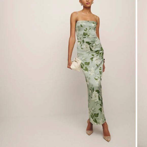 Reformation Frankie Silk Dress Green - Size 0 - Picture 2 of 2